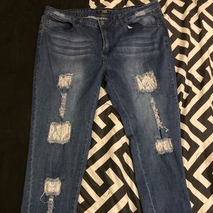 L&B Ripped Blue Jeans, Rainbow Crossbody Purse.